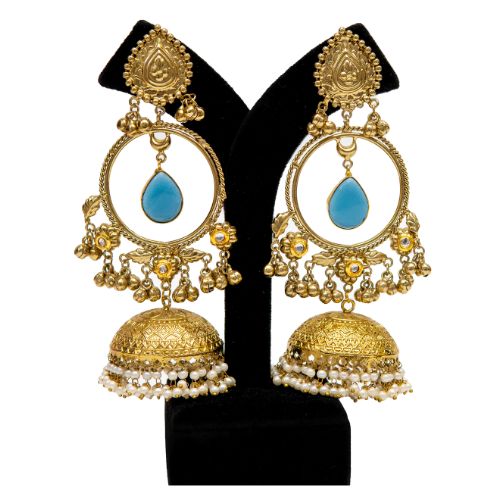 Traditional Gold Finish Jhumka Earrings for Women with Blue Stone Accent
